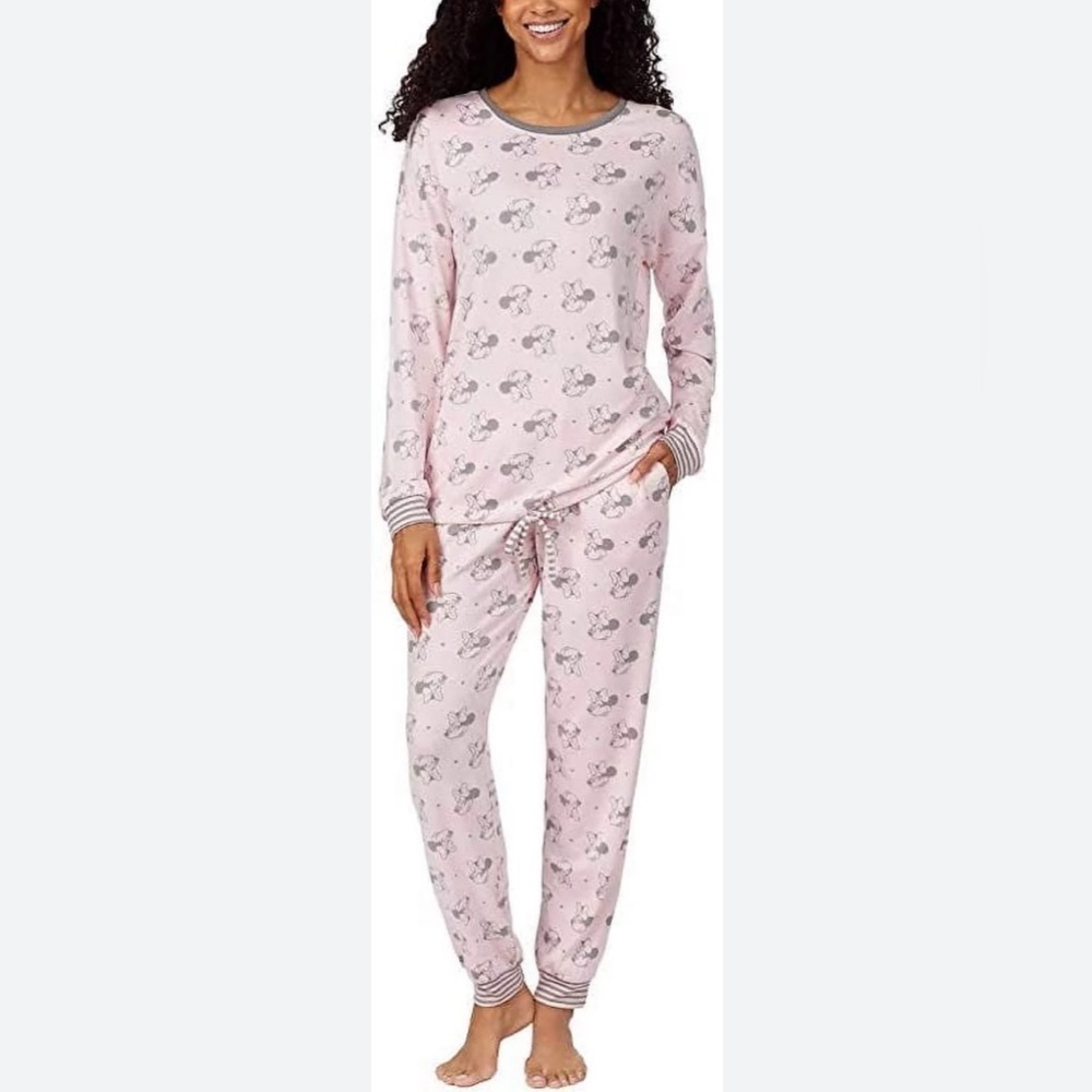Womens Disney Minnie Mouse Pajamas Pants Shirt Set Pink